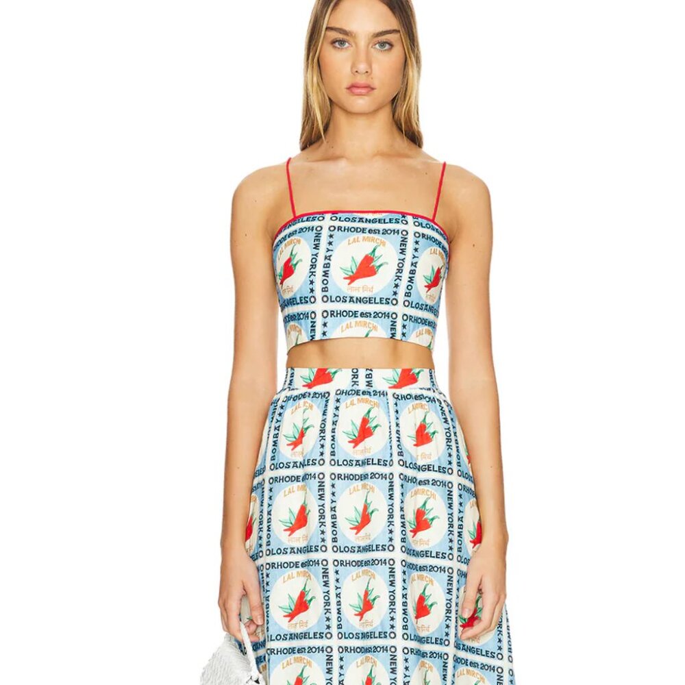 Linen Dina Chili Motif Crop Tank Top | Lal Mirchi